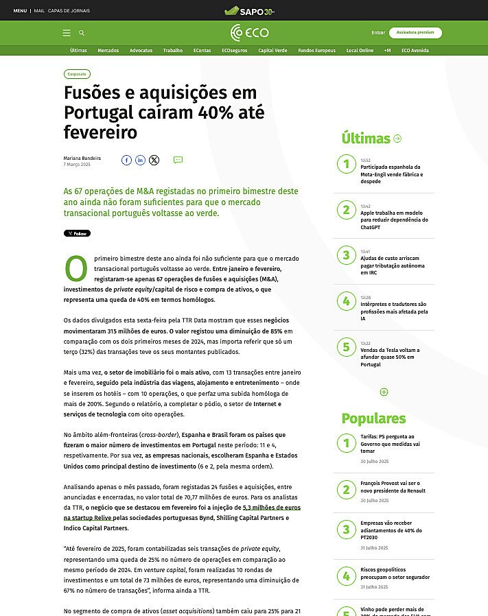 Fuses e aquisies em Portugal caram 40% at fevereiro